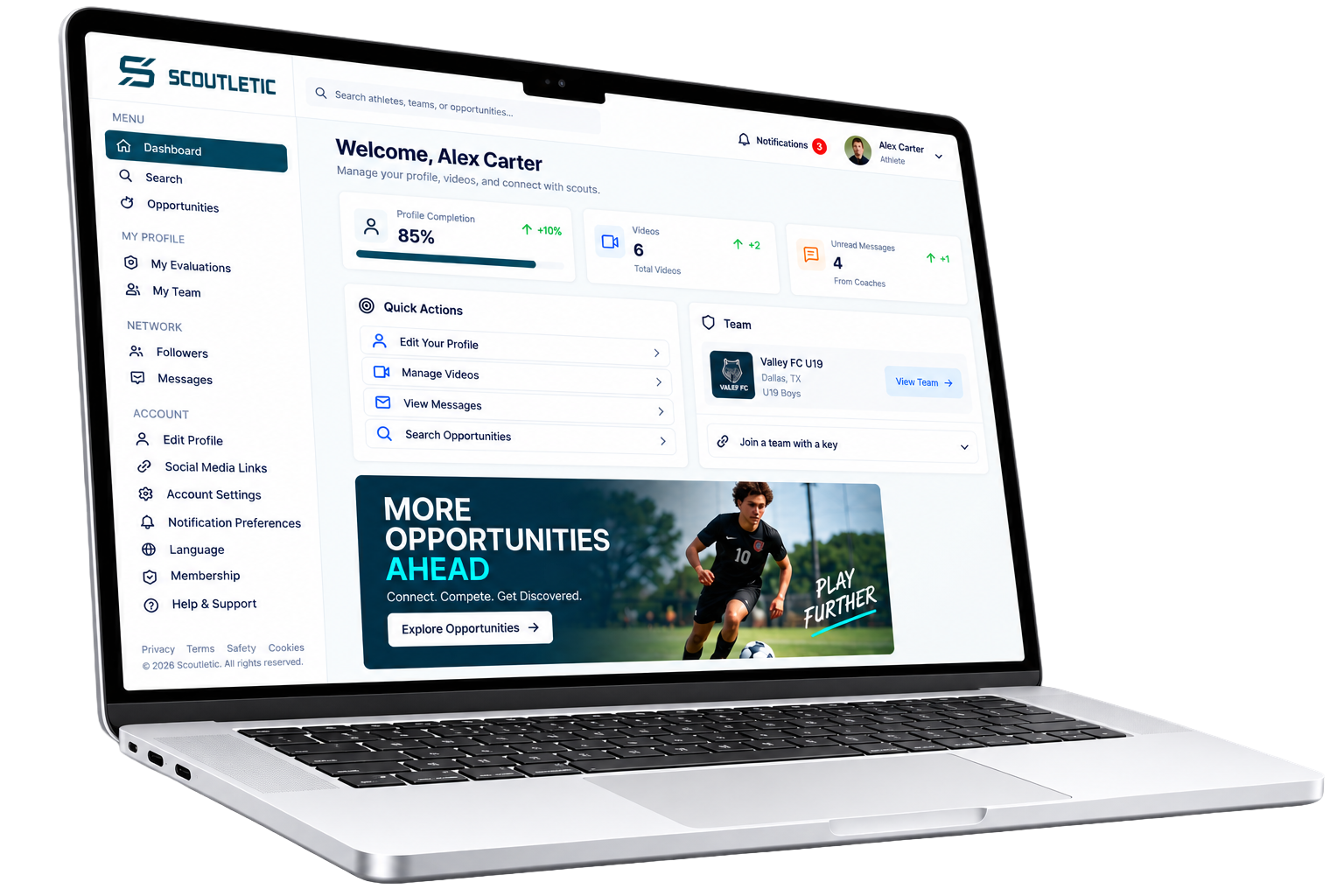 Scoutletic athlete dashboard displayed on a laptop